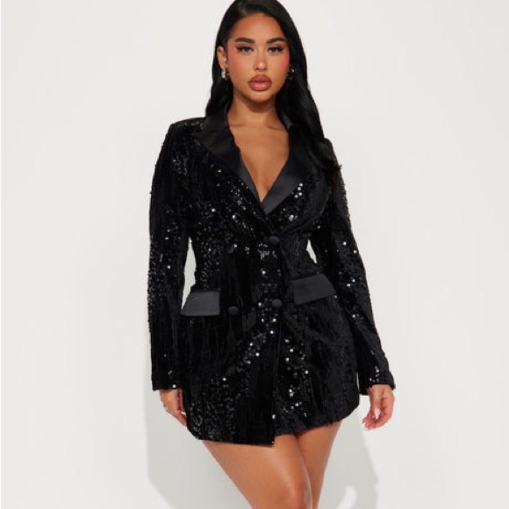 Fashion Nova Amelia Sequin Blazer Dress - Black, Size: 1X